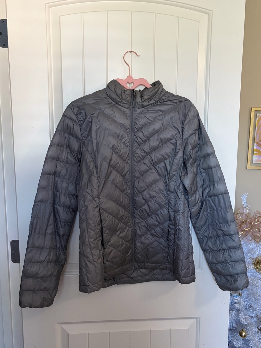 grey puffer zip up jacket